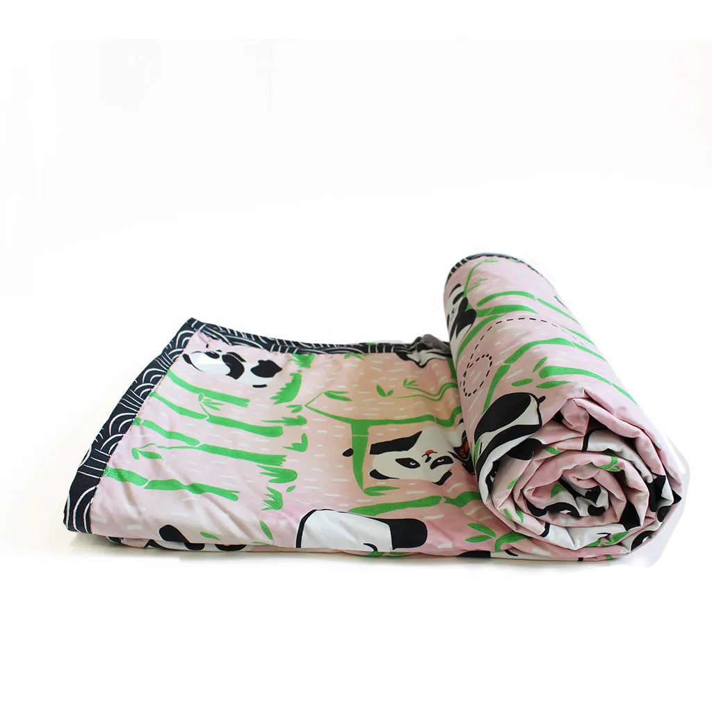 100% Cotton Reversible Single Blanket Dohar - Panda Village, Pink