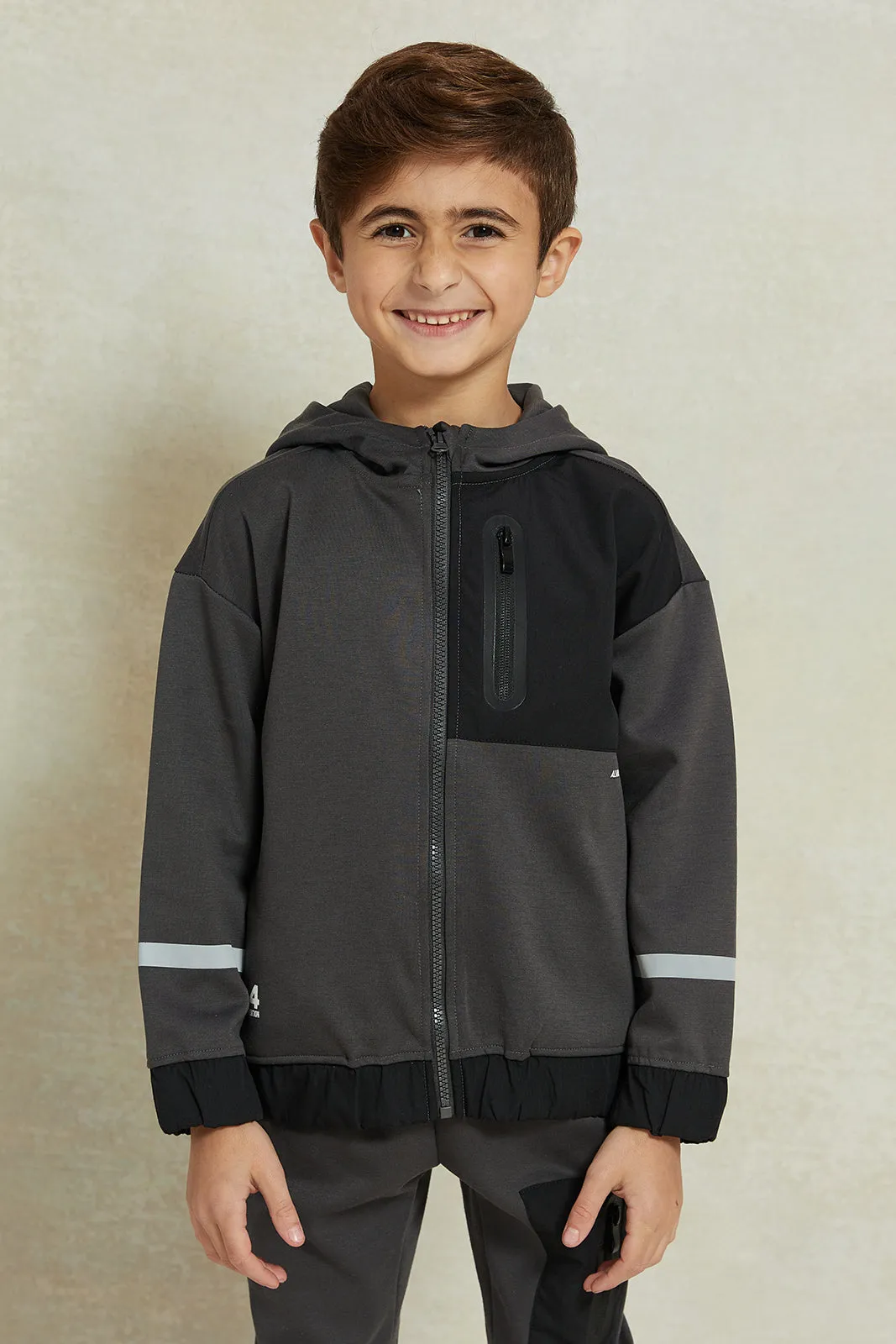 Boys Charcoal Paneled Zip Thru Hooded Jog Set (2 Piece)