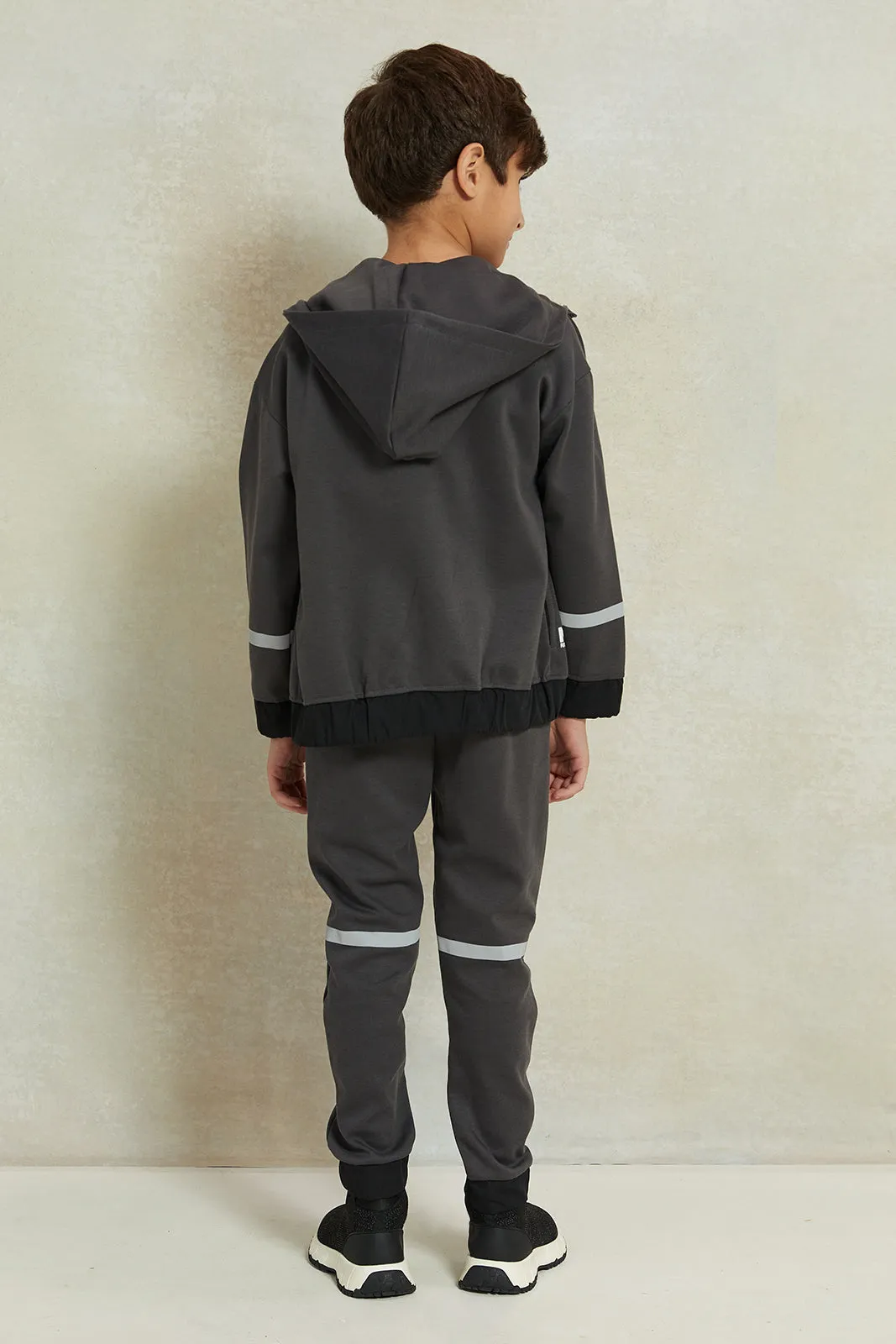 Boys Charcoal Paneled Zip Thru Hooded Jog Set (2 Piece)