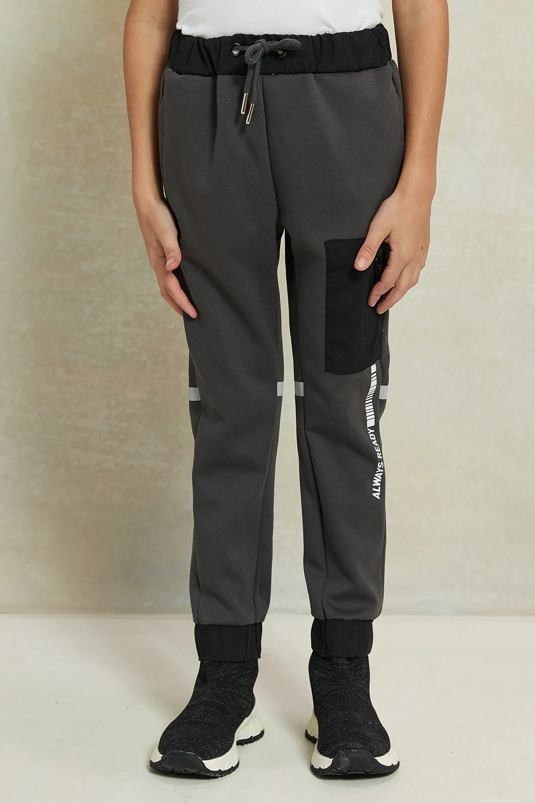 Boys Charcoal Paneled Zip Thru Hooded Jog Set (2 Piece)