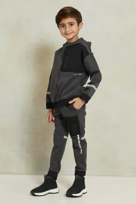 Boys Charcoal Paneled Zip Thru Hooded Jog Set (2 Piece)