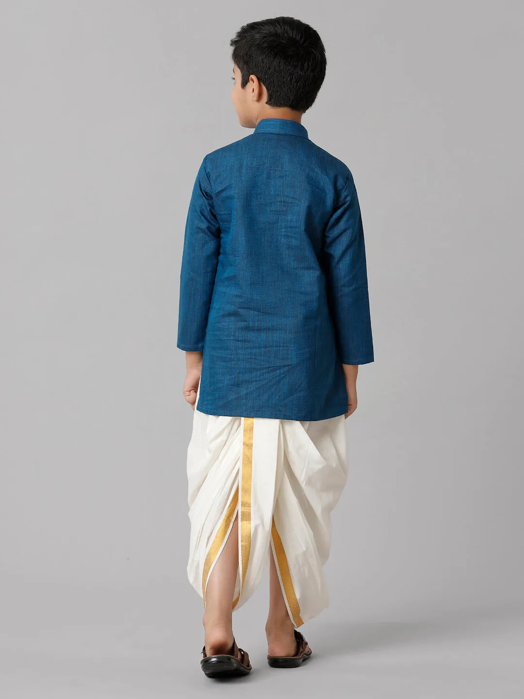 Optimized Title: Boys Navy Cotton Kurta with Cream Elastic Panchakacham Set - Stylish Combo for Festive Occasions