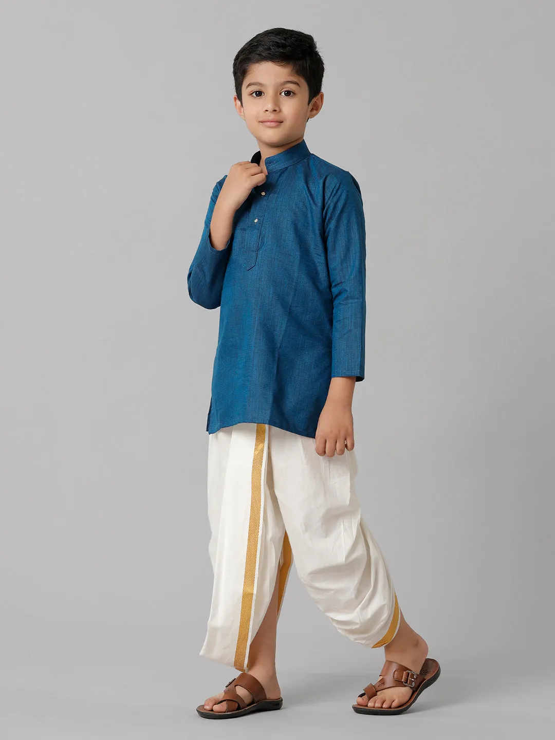 Optimized Title: Boys Navy Cotton Kurta with Cream Elastic Panchakacham Set - Stylish Combo for Festive Occasions