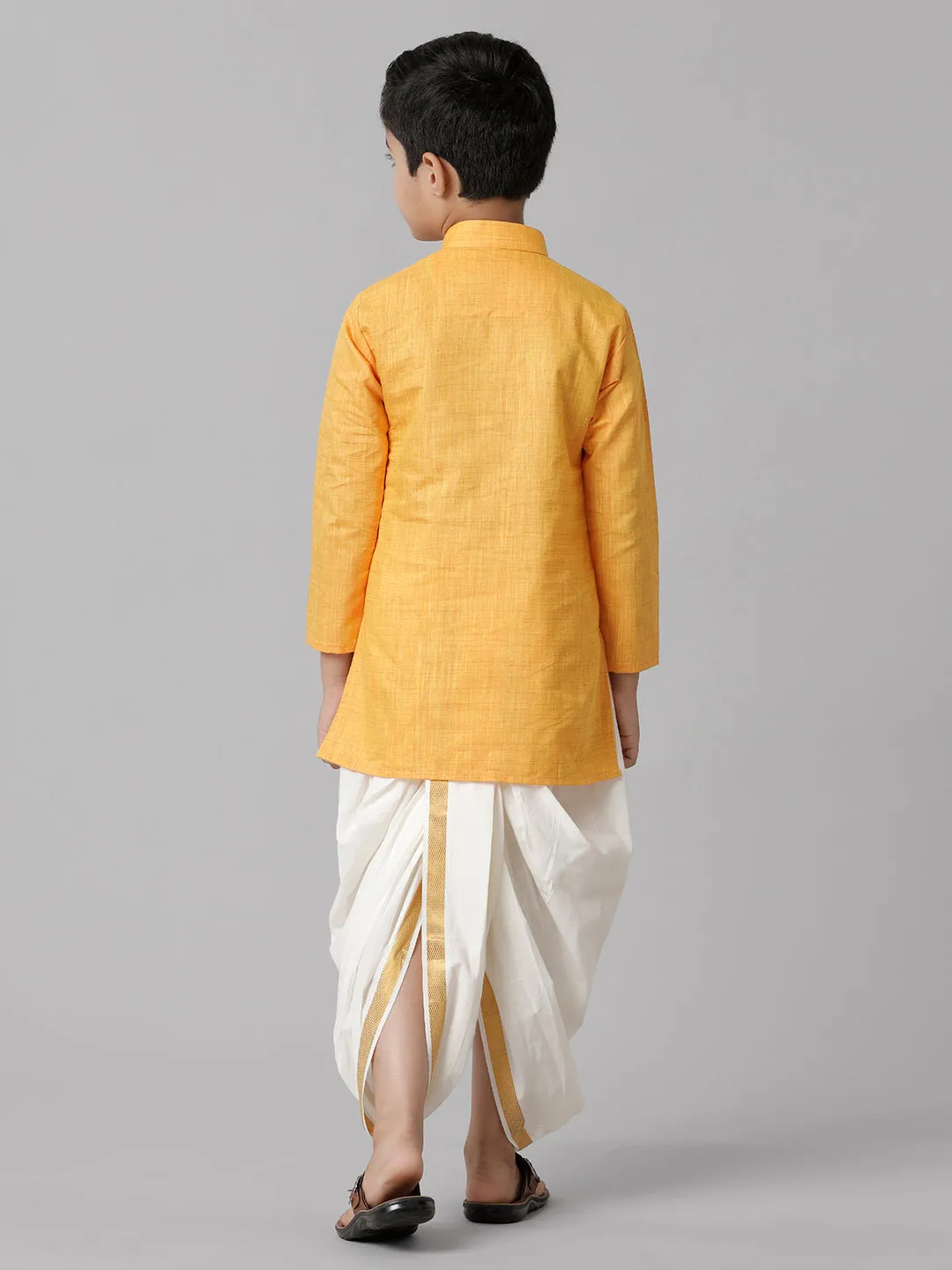 Boys Cotton Yellow Kurta with Cream Elastic Panchakacham Combo FS1