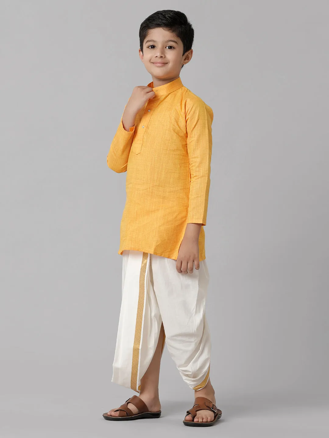 Boys Cotton Yellow Kurta with Cream Elastic Panchakacham Combo FS1