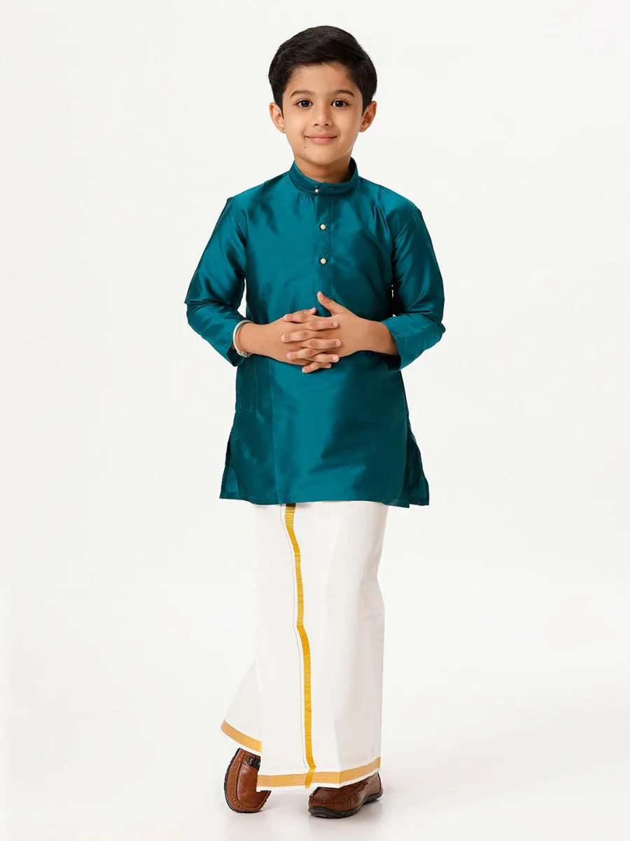 Boys Silk Cotton Full Sleeves Dark Green Kurta with Gold Jari Dhoti Combo