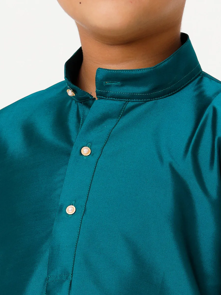 Boys Silk Cotton Full Sleeves Dark Green Kurta with Gold Jari Dhoti Combo