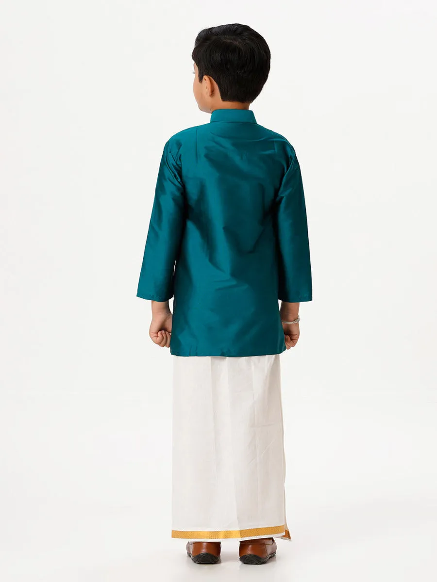 Boys Silk Cotton Full Sleeves Dark Green Kurta with Gold Jari Dhoti Combo
