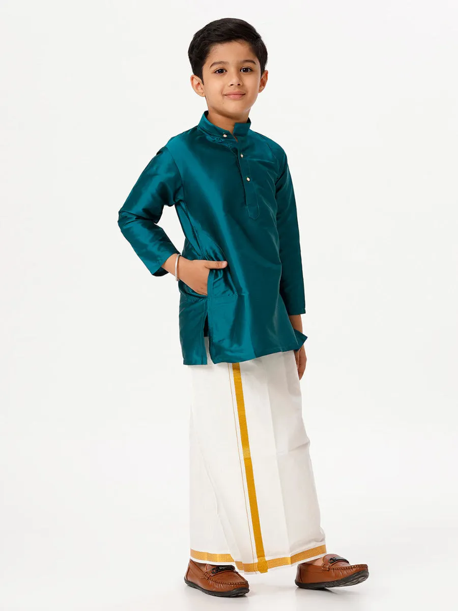Boys Silk Cotton Full Sleeves Dark Green Kurta with Gold Jari Dhoti Combo