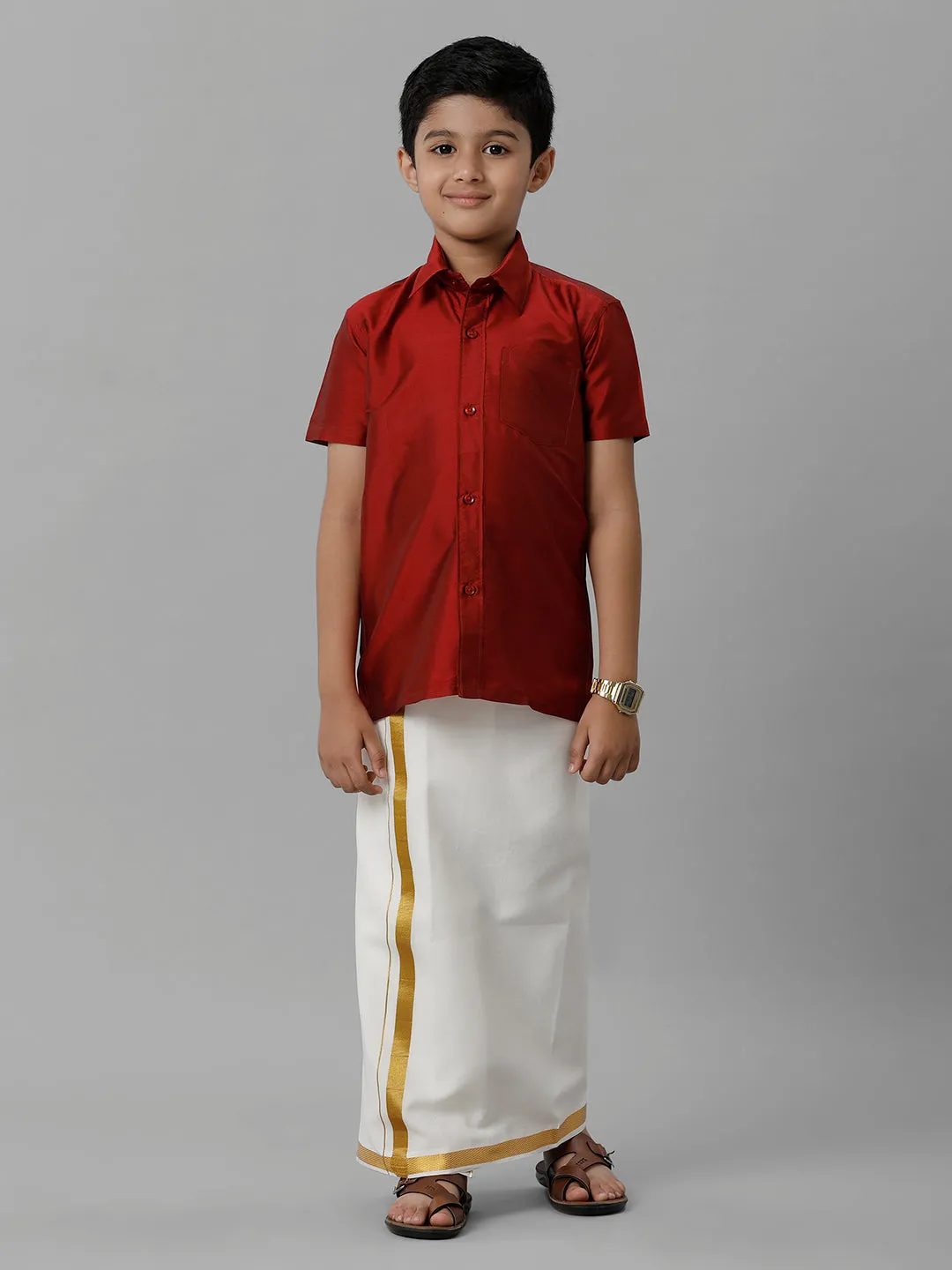 Boys Silk Cotton Red Half Sleeves Shirt with Adjustable Cream Dhoti Combo K8