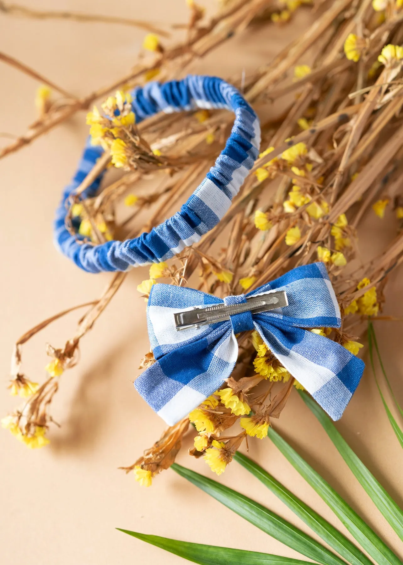 Checked Bow Headband - Blue