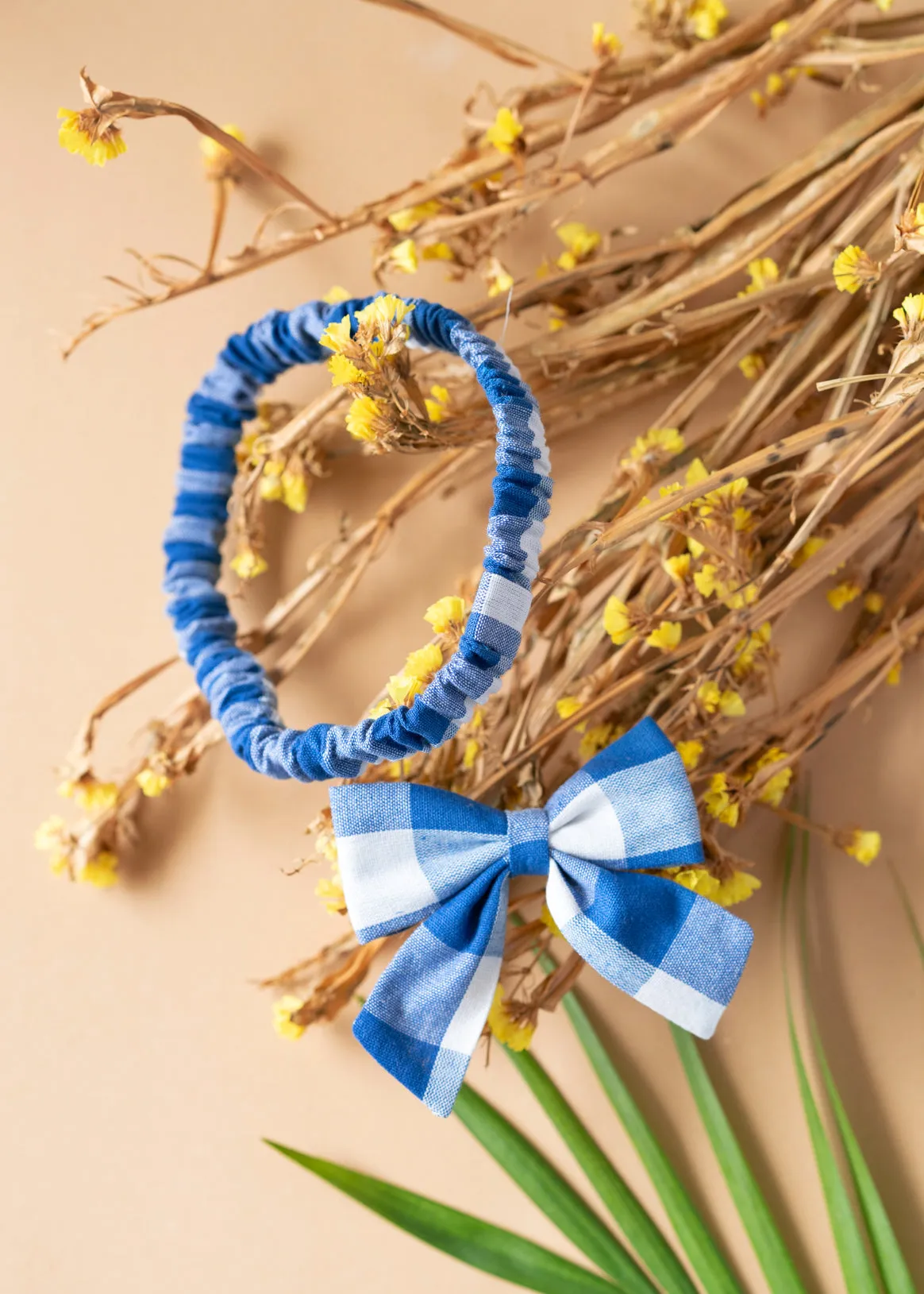 Checked Bow Headband - Blue