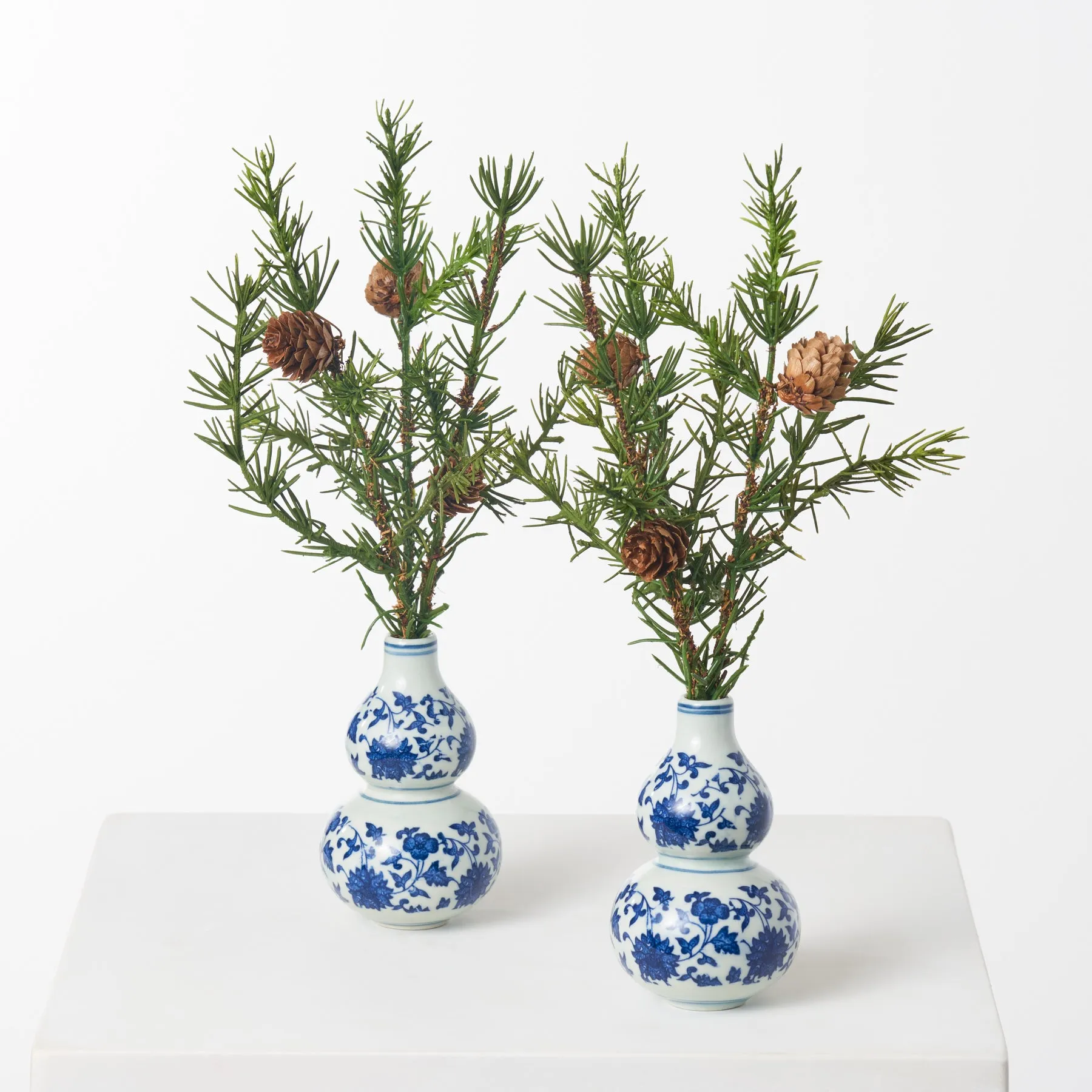 Classic Winter Pine & Faux Pinecone Mini Arrangement in Blue & White Chinoiserie Vase Decorative Tabletop Décor