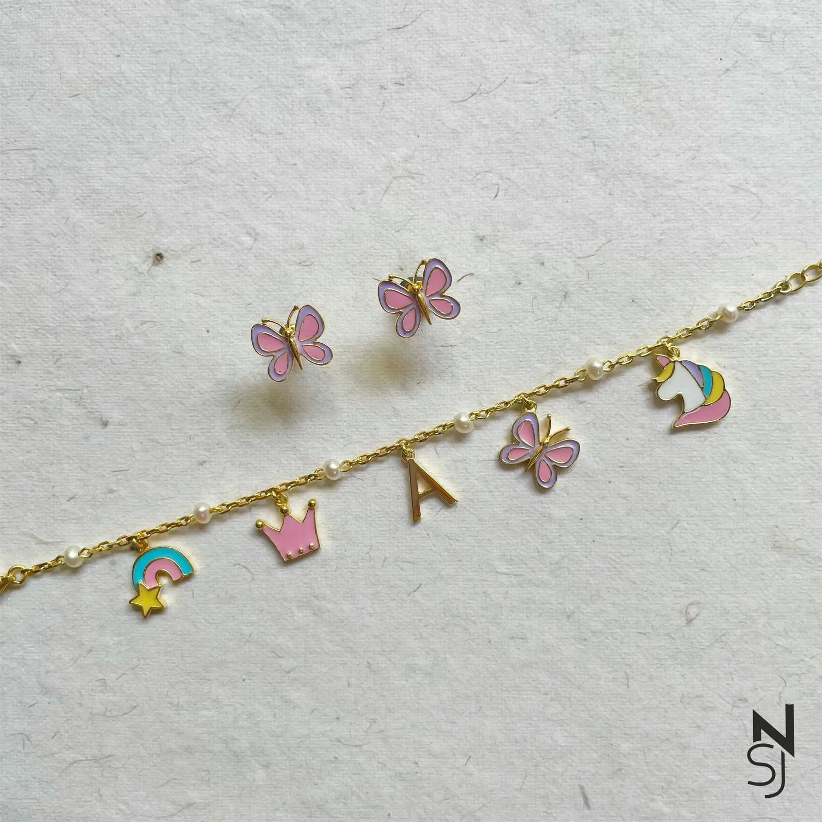 Custom Initial Charm Bracelet & Studs Set