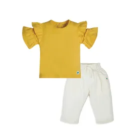 My Milestones Bio-Wash 100% Cotton Daffodil Ruffle Tee Jogger Co-ord Set - Yellow & Vanilla Ice