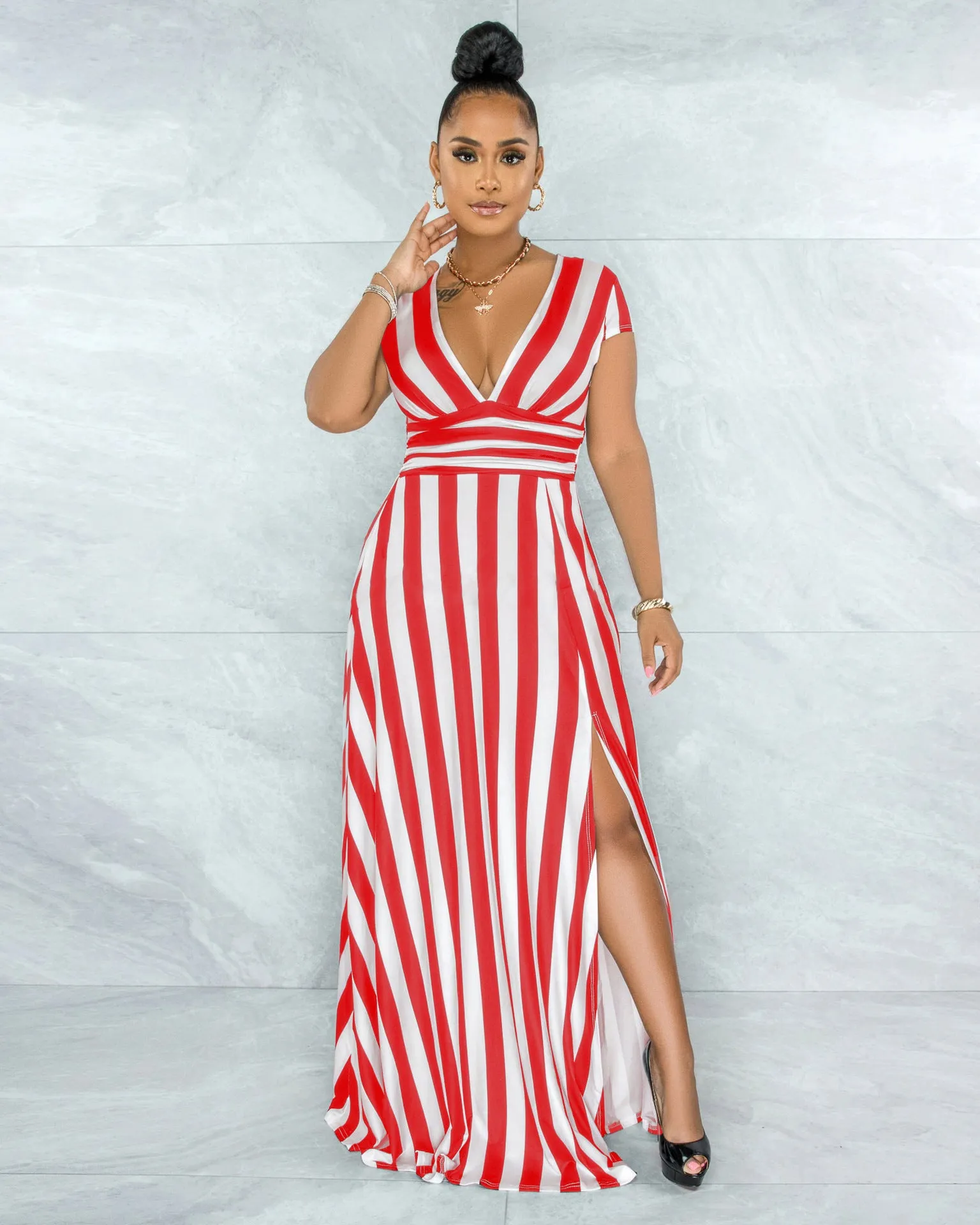 Split Front Maxi Dress Women Short Sleeve V Neck Beach Dress