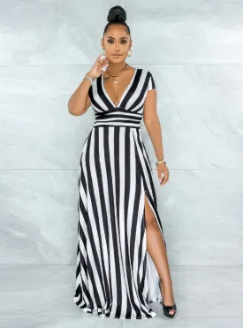 Split Front Maxi Dress Women Short Sleeve V Neck Beach Dress
